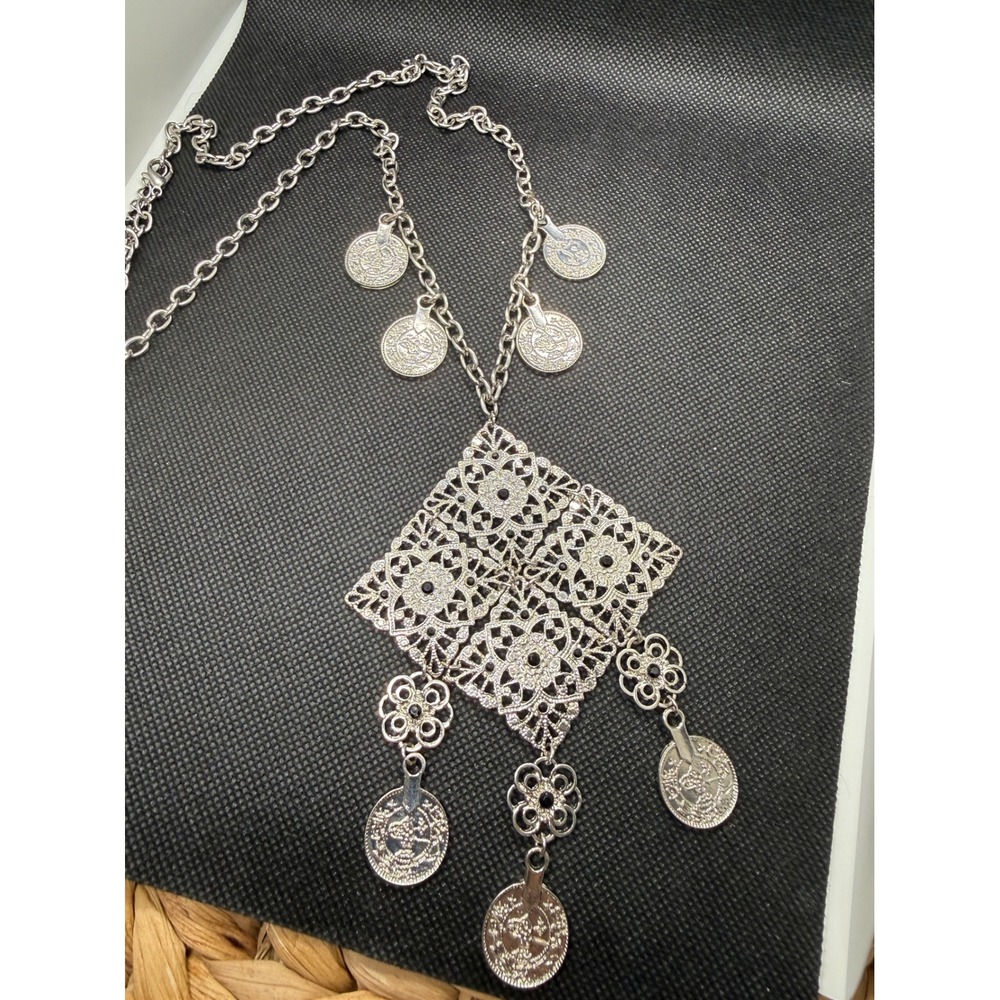 Silver Tone Filigree Diamond Coin Statement Necklace Boho Tribal Black Accents